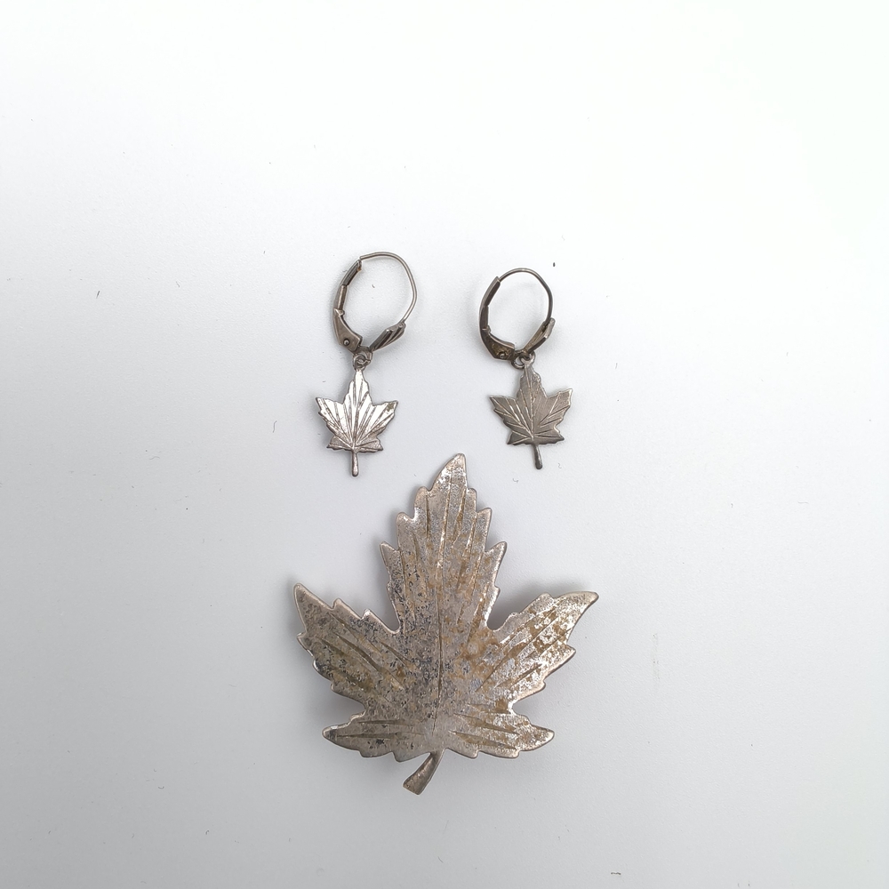 Vintage AMCO Sterling Silver Maple Leaf Brooch and Leverback Earrings Set